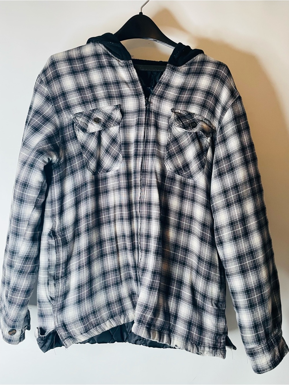 Faded Glory Black & White Plaid Puffer Jacket with Hood